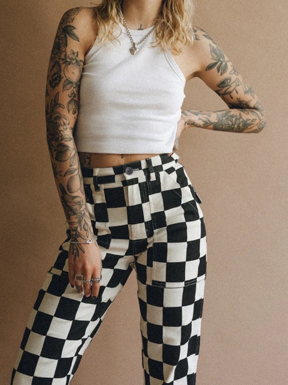 Checkerboard Straight Leg Pants - Black & White